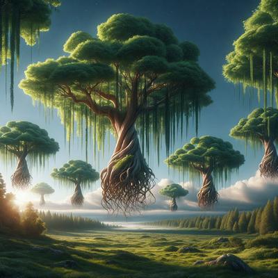 The primary subject of the image is a tree with a large root system, surrounded by other trees. The setting is a lush green field with a cloudy sky in the background. The visual style is a digital art or illustration, creating a surreal and fantastical atmosphere. The dominant colors are green, with the grass and trees, and blue, with the sky.